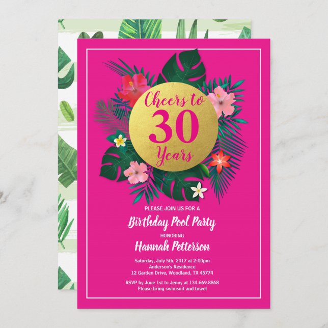 Tropical birthday party invitation hot pink gold (Front/Back)