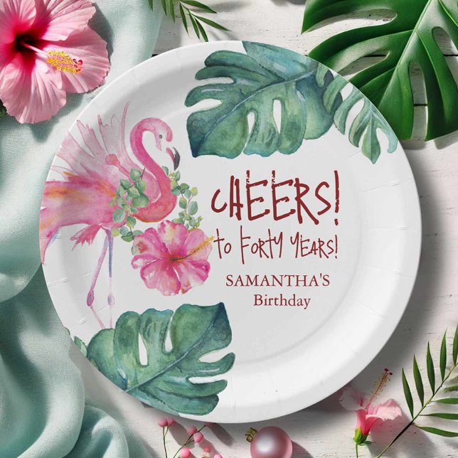 Tropical Birthday Pink Flamingo Paper Plate (40th birthday party theme personalized paper plates watercolor art Victoria Grigaliunas)