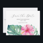 Tropical Birthday Save The Date Cards<br><div class="desc">Elevate your birthday announcement with our Save the Date cards, adorned with a sophisticated watercolor border of tropical flowers and monstera palm leaves. "Save the Date" is elegantly presented in charcoal grey against a pristine white backdrop. Customise with your details using the provided template fields. The back of the card...</div>