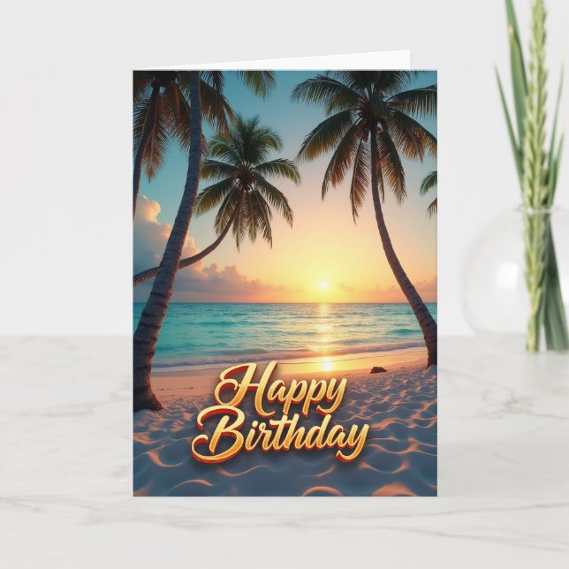 Tropical Birthday Sunset Palm Card (Front)