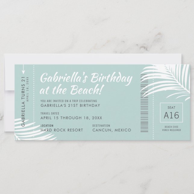 Tropical Birthday Trip Boarding Pass Ticket Teal Invitation (Front)
