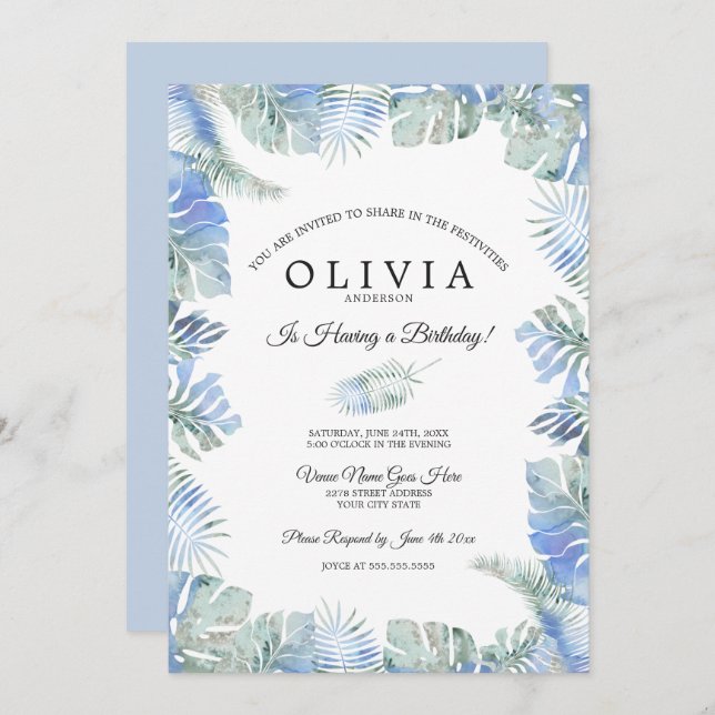 Tropical Birthday Watercolor Leaves Blue Green Invitation (Front/Back)