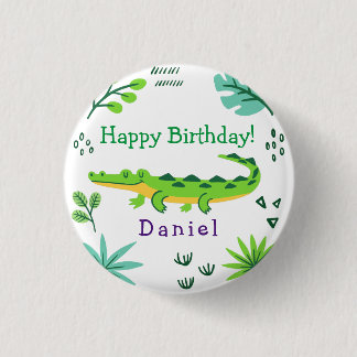 Tropical birthday with green crocodile  3 cm round badge