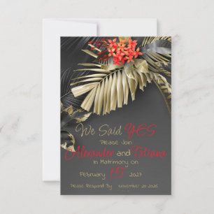 Tropical black and gold leaves Save the Date