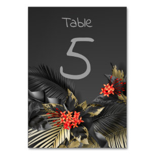 Tropical black and gold leaves Wedding Table Number