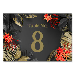 Tropical black and gold leaves Wedding Table Number