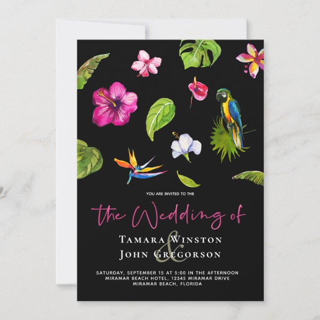 Tropical Black Floral Greenery Beach Wedding Invitation (Front)