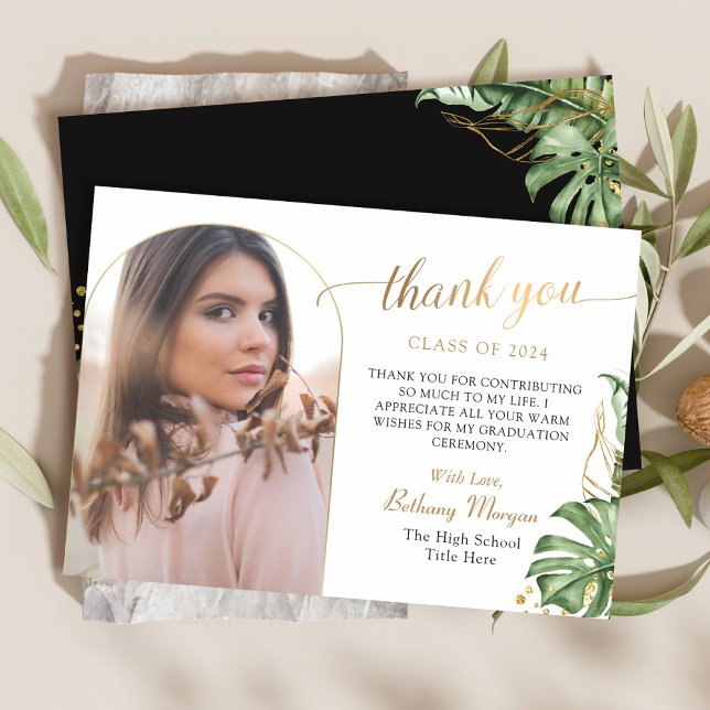 Tropical Black Gold Arch Photo Graduation Thank You Card (Creator Uploaded)