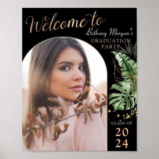 Tropical Black Gold Arch Photo Graduation Welcome  Poster (Front)