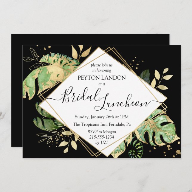 Tropical Black & Gold Bridal Luncheon Shower Invitation (Front/Back)