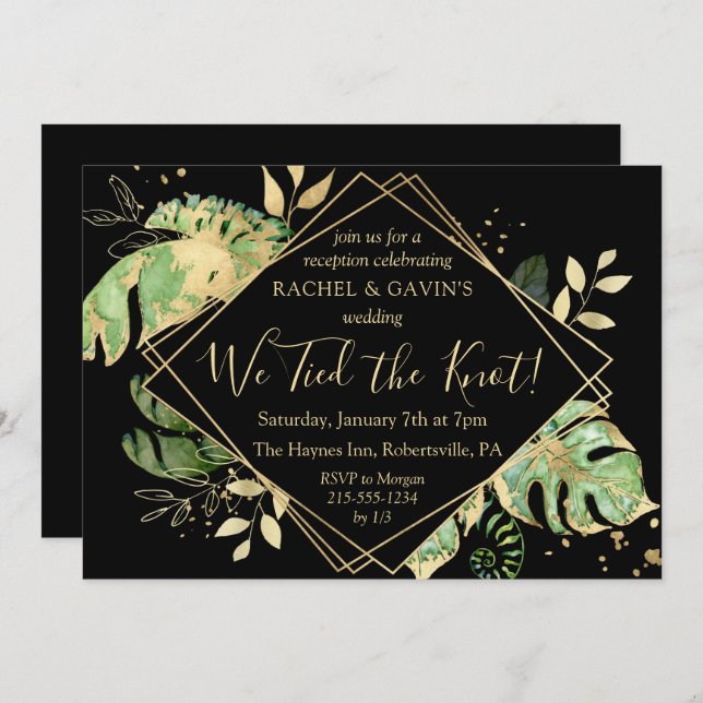 Tropical Black & Gold Elopement Wedding Reception Invitation (Front/Back)