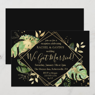 Tropical Black & Gold Elopement Wedding Reception Invitation