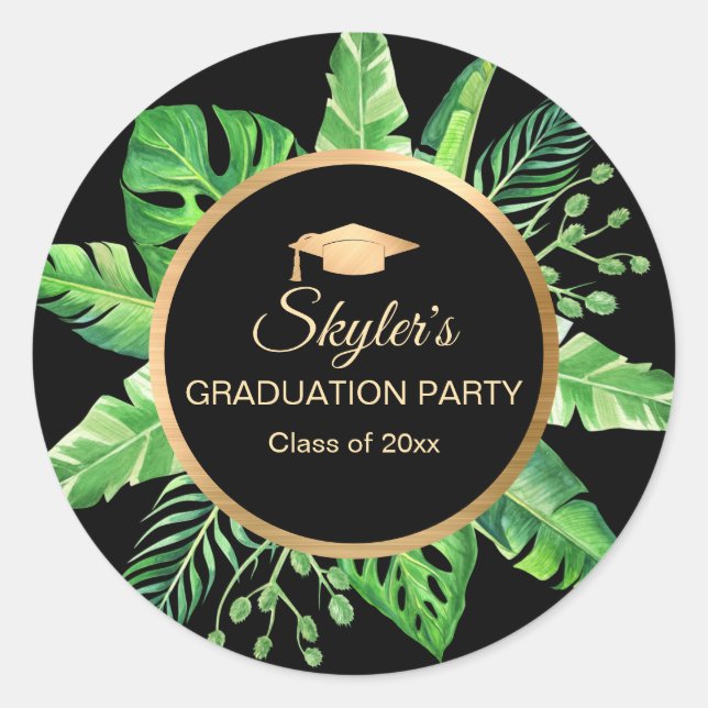Tropical Black Gold Graduation Party Classic Round Sticker (Front)