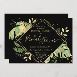 Tropical Black & Gold Leaves Elegant Bridal Shower Invitation