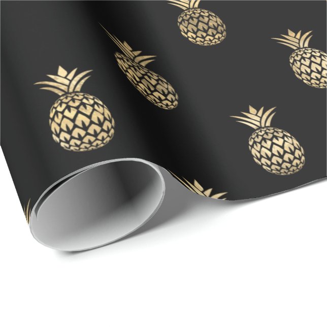 Tropical Black Gold Pineapple Pattern Wrapping Paper (Roll Corner)