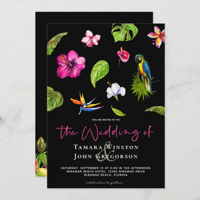 Tropical Black Pink Floral Greenery Beach Wedding Invitation (Front/Back)