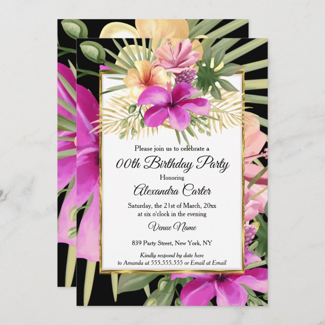 Tropical Black Purple Pink Hibiscus Floral Party Invitation (Front/Back)