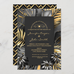 Tropical Black Silver and Gold Palm Leaves Wedding Invitation