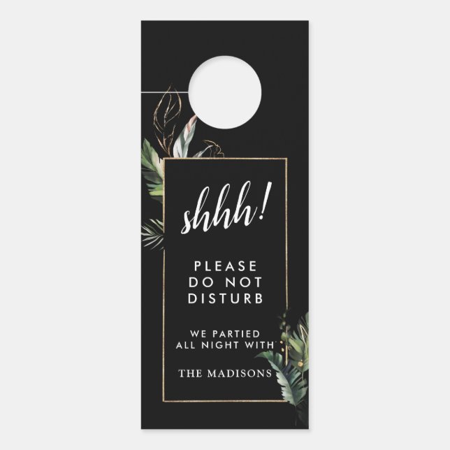 Tropical Black Wedding Do Not Disturb | Welcome Door Hanger (Front)