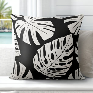 Tropical Black White Palm Monstera Leaves Cushion
