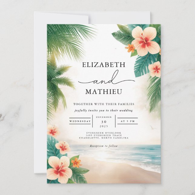 Tropical Bloom Beach Scene Wedding Invitation (Front)