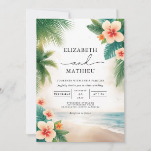 Tropical Bloom Beach Scene Wedding Invitation