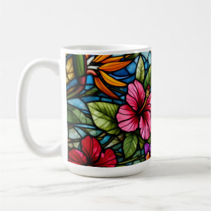 Tropical Bloom in Stained Glass Vibrant Floral Coffee Mug