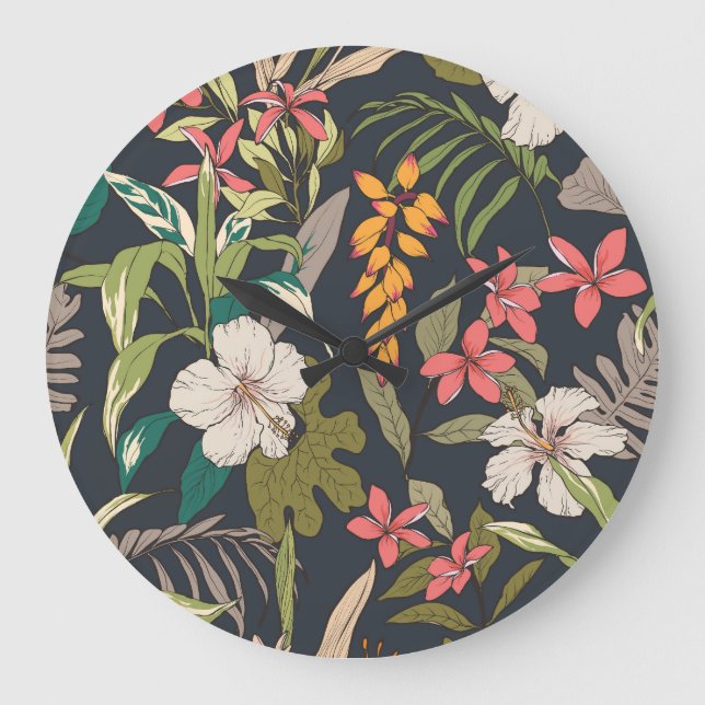 Tropical Bloom: Seamless Flower Pattern Large Clock (Front)