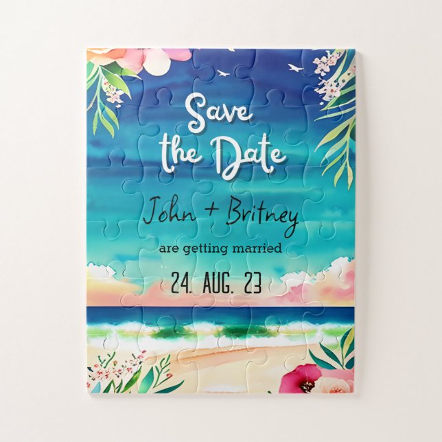 Tropical Blooms: Wedding Save the Dat Jigsaw Puzzle (Vertical)