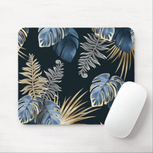 Tropical Blue and Gold Leaves Design Mouse Pad