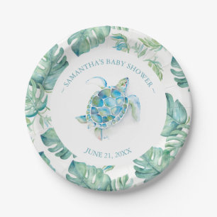 Tropical Blue and Green Sea Turtle Baby Shower Paper Plate