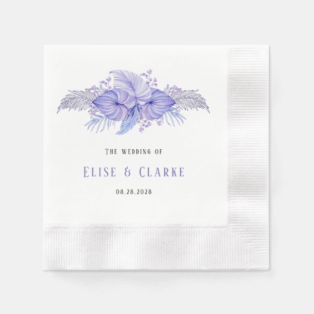 Tropical Blue and Purple Palm Leaves Wedding Napkin (Front)