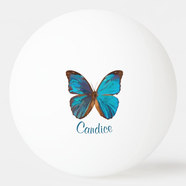 Tropical Blue and Turquoise Gem Coloured Butterfly Ping Pong Ball (Front)