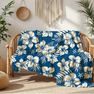Tropical Blue and White Floral Fleece Blanket