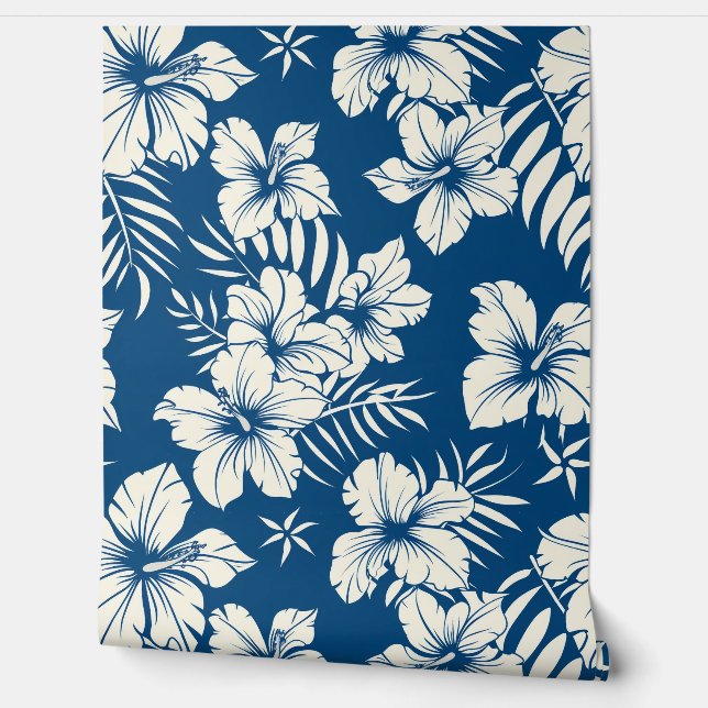 Tropical Blue and White Floral Wallpaper (Unrolling)