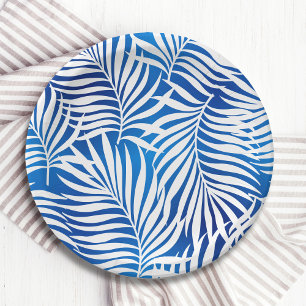 Tropical Blue And White Foliage Floral Paper Plate