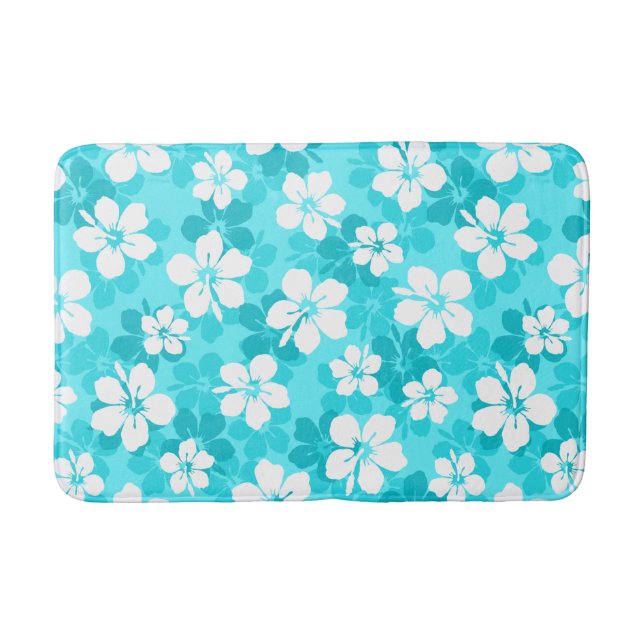 Tropical Blue and White Hibiscus Flower Pattern Bath Mat (Front)