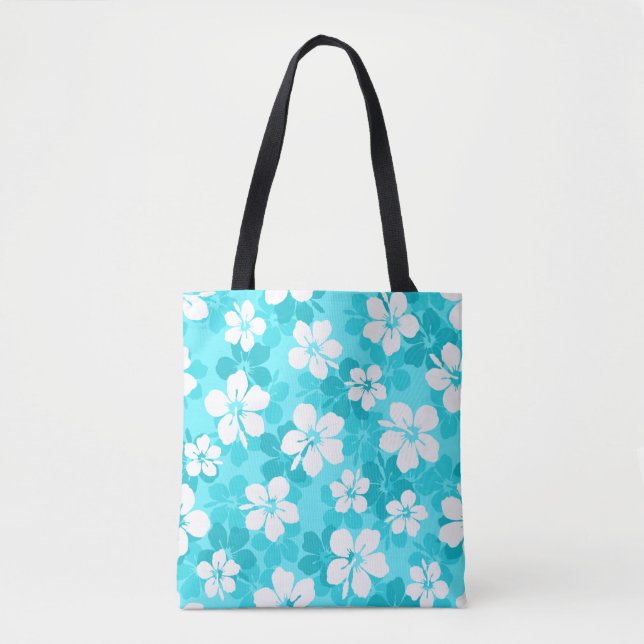 Tropical Blue and White Hibiscus Flower Pattern Tote Bag (Front)