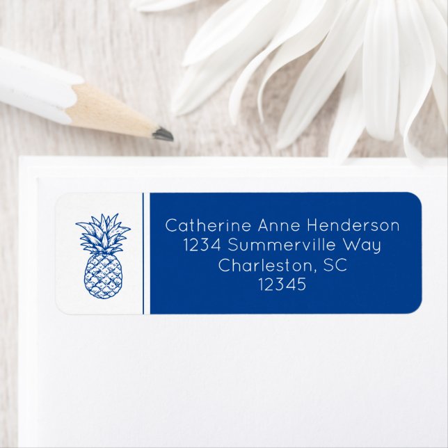 Tropical Blue and White Pineapple Personalised Return Address Label (Insitu)