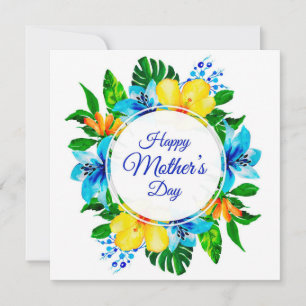 Tropical Blue and Yellow Floral Happy Mother's Day Holiday Card
