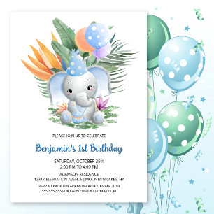 Tropical Blue Baby Elephant 1st Birthday Party Invitation