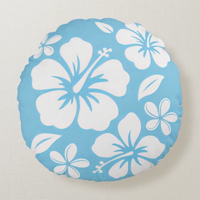 Tropical Blue Beach Flowers Round Cushion (Front)