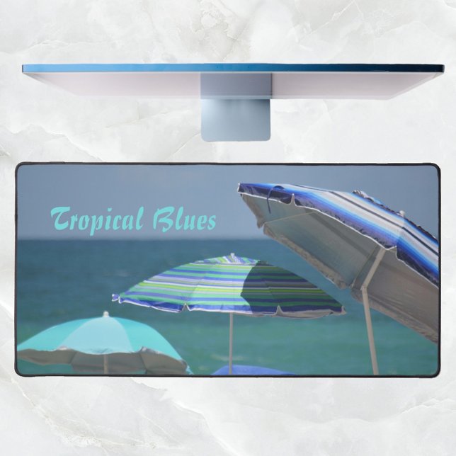 Tropical Blue Beach Umbrellas Photographic Beachy Desk Mat (Creator Uploaded)