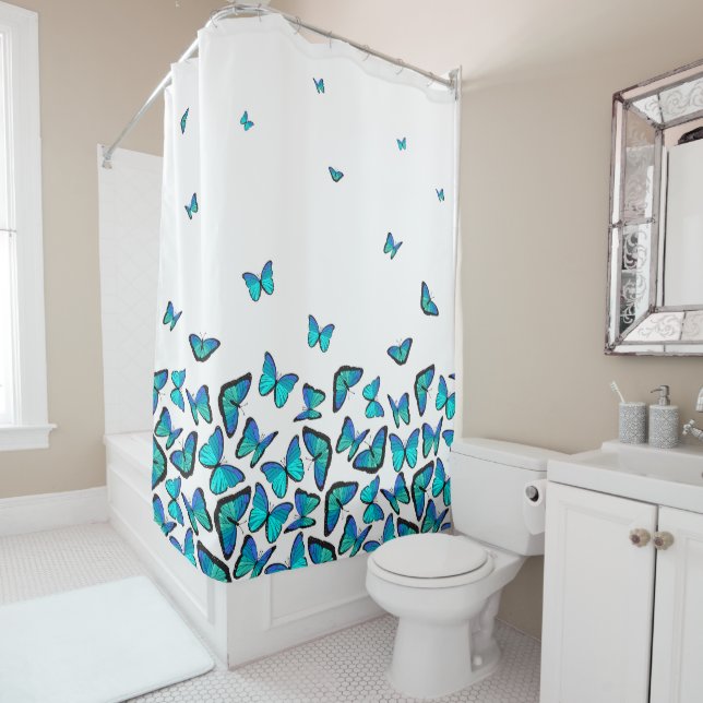 Tropical Blue Butterflies Pattern Fading to White Shower Curtain (In Situ)