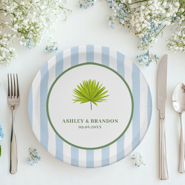 Tropical Blue Cabana Stripe Coastal Retro Wedding Paper Plate (Creator Uploaded)