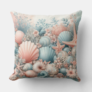 TROPICAL BLUE & CORAL UNDER SEA SEASHELLS CUSHION