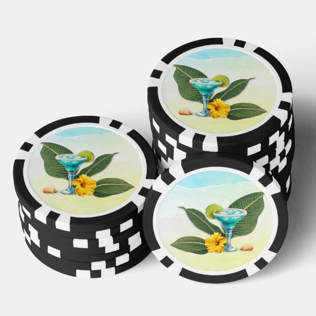 Tropical Blue Drink Hibiscus and Leaves Poker Chips (Stack)