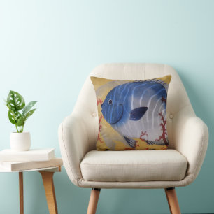 Tropical Blue Fish Vintage Coral Marine Ocean Life Cushion