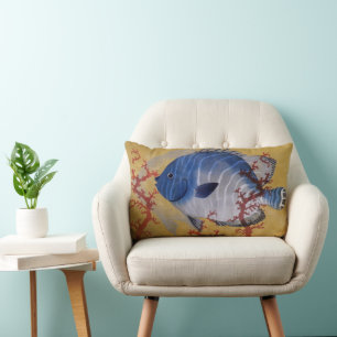 Tropical Blue Fish Vintage Coral Marine Ocean Life Lumbar Cushion