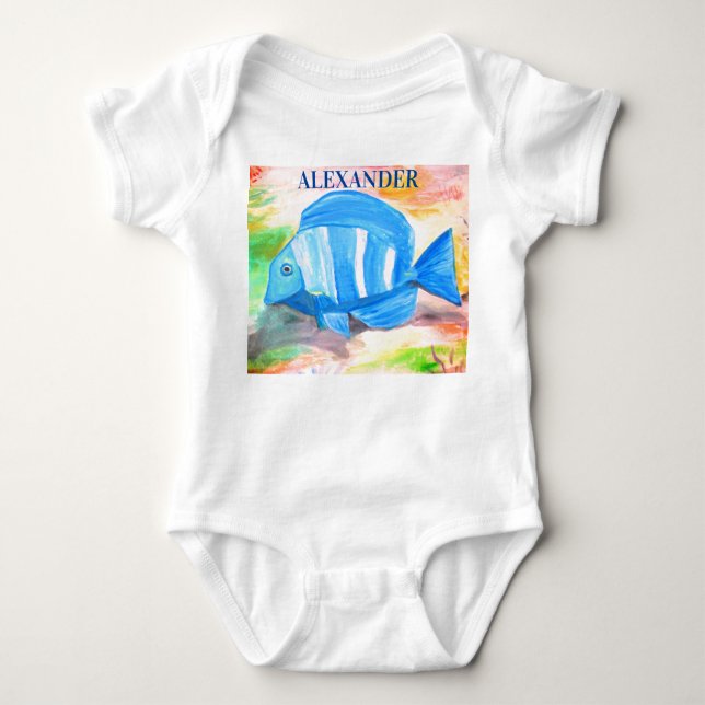 Tropical blue fish Watercolor Sea Ocean Baby Bodysuit (Front)